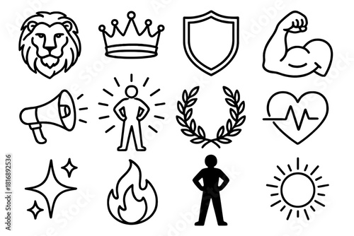 Symbols of Empowerment. Confidence and empowerment linear icon set. lion head, crown, shield, flexed arm, megaphone, glowing aura, victory wreath, heart pulse, sparkle, fire flame