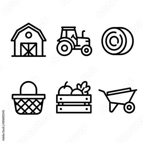 Farm Equipment Icons. Farm Gathering linear icon set. barn, tractor, hay bale, basket, crate, wheelbarrow