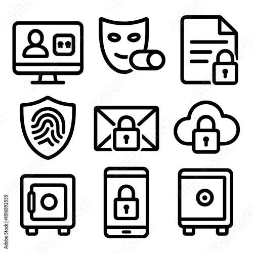 Digital Privacy Icons. Personal Data Protection linear icon set: secure login, identity mask, privacy switch, confidential document, fingerprint shield, secure email, cloud padlock