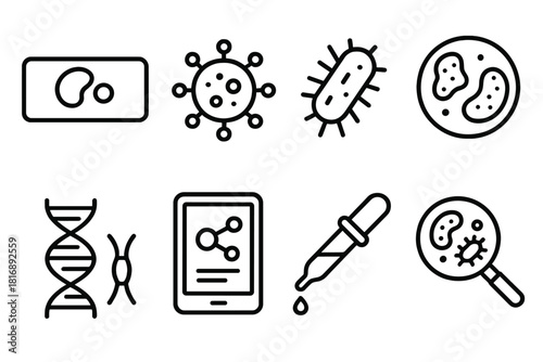 Cell Biology Icons. Cellular Biology Set linear icon set: microscope slide, virus particle, bacterial rod, petri culture, gene sequence, research tablet, pipette drop, microbial