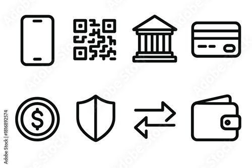 Digital Wallet Icons. Digital wallet ecosystem concept linear icon set: phone, QR code, bank building, card, coin, shield, transaction arrow, wallet , structured minimal vector