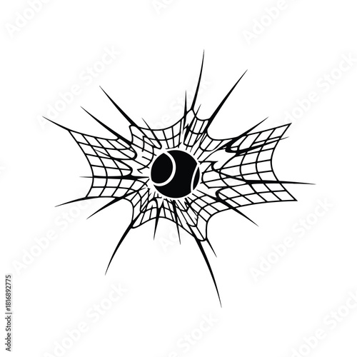 Tennis Ball Breaking Net Silhouette Vector Illustration Sport Equipment Impact Force Power Speed Action Competition Game Training Practice Recreation