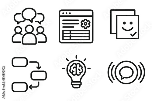 Collaborative Icon Set. Collaborative Support Set linear icon set: group discussion, knowledge base page, feedback note, workflow arrows, solution card, communication hub