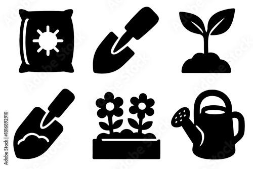 Garden Tools Icons. Garden Enrichment silhouette icon set. soil bag, trowel, seedling, watering can, compost scoop, flower bed