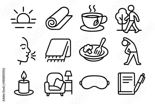 Daily Mindfulness Icons. Daily Peaceful Habits linear icon set. morning sunlight, yoga mat, herbal tea cup, nature walk, slow breathing pattern, comfort blanket, mindful meal