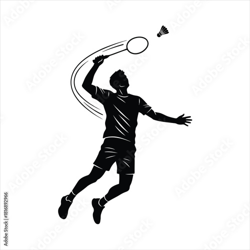 Badminton Silhouette Vector Illustration Player in Action Sport Shuttlecock Racket Jump Competition Athletic Game Training Match Hit