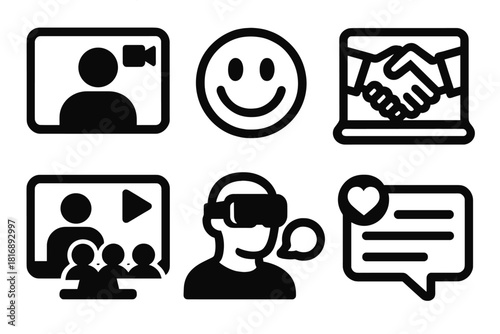 Brutalist Style Icons. Virtual Interaction silhouette icon set: video call screen, emoji reaction, digital handshake, virtual event, VR chat, live comment