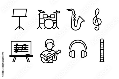 Music Class Icons. Music Lessons linear icon set. music stand, drum set, saxophone, treble clef, chalkboard, student with instrument, headphones, recorder flute