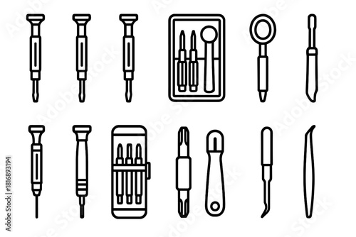 Precision Tool Icons. Precision Screwdrivers linear icon set: mini flathead, mini Phillips, Torx mini, eyeglass screwdriver, watch repair driver, bit set, magnifier, tweezers