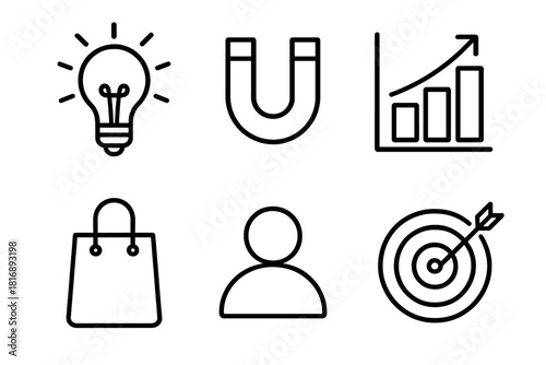 Sales Funnel Icons. Sales funnel stages linear icon set: awareness light bulb, interest magnet, decision chart, purchase bag, customer avatar, target board