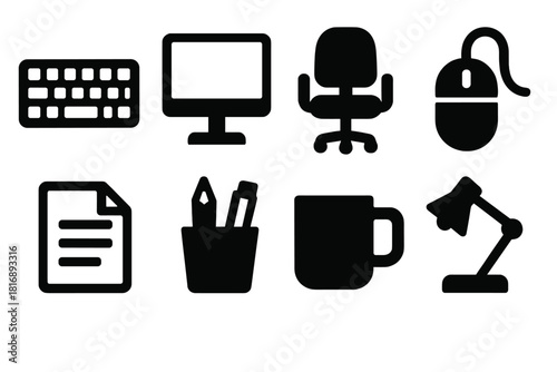 Brutalist Workstation Icons. Workstation Set silhouette icon set. keyboard, monitor, chair, mouse, document, pencil holder, mug, lamp.