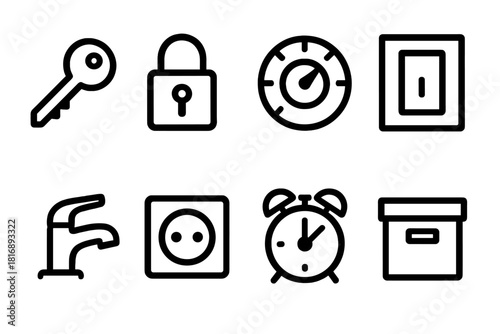 Home Essentials Icons. Home essentials linear icon set: key, lock, thermostat, light switch, faucet, plug socket, alarm clock, storage box