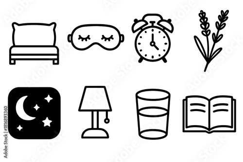Sleep Essentials Icons. Sleep Hygiene linear icon set. bed pillow, sleep mask, clock, lavender sprig, night sky, lamp, glass of water, open book