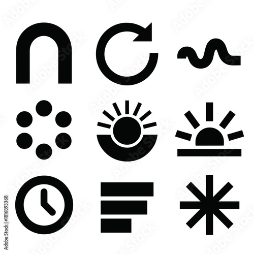 Bold Timekeeping Icons. Timekeeping themes silhouette icon set: passage arc, repeating cycle, flowing line, sunrise indicator, cycle dots, rhythm circle, duration bar, moment spark