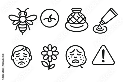 Bee Sting Icons. Bee sting concept linear icon set: bee, sting mark, swelling, ice pack, cream, allergic reaction, flower, caution triangle