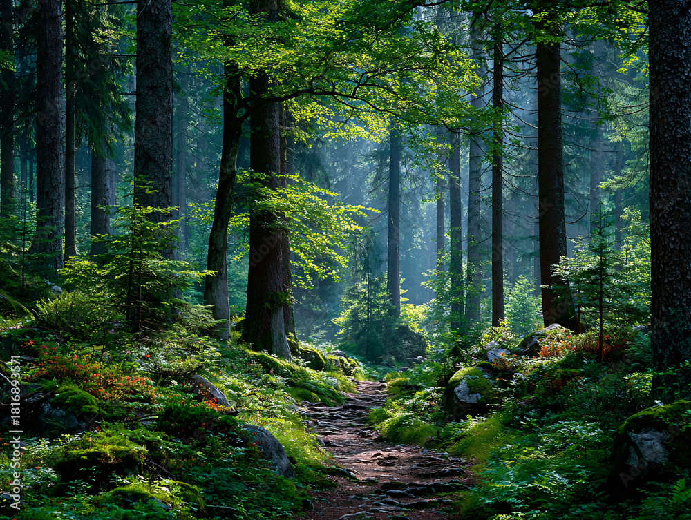 Obraz premium forest scene with a winding path lined with lush green foliage and moss-covered rocks. Sunlight filters through the dense canopy of tall trees, casting dappled shadows on the forest floor.