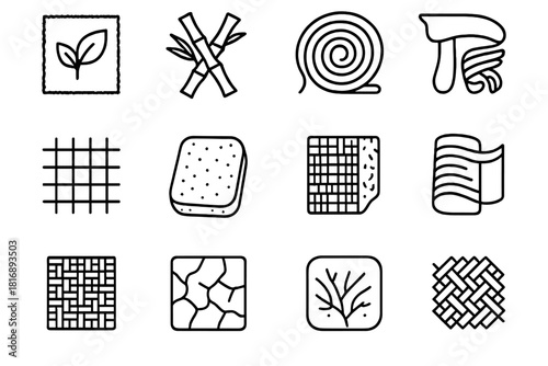 Eco-Friendly Textile Icons. Sustainable Fiber Fabrics linear icon set: organic-linen sample, bamboo pulp textile, hemp yarn coil, recycled-fiber mesh, natural cellulose pad