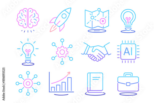 Futuristic Mindset Icons. Futuristic Founder Mindset flat icons set. glowing brain, neon rocket, holographic goal map, digital light bulb, quantum gear, cyber handshake, virtual