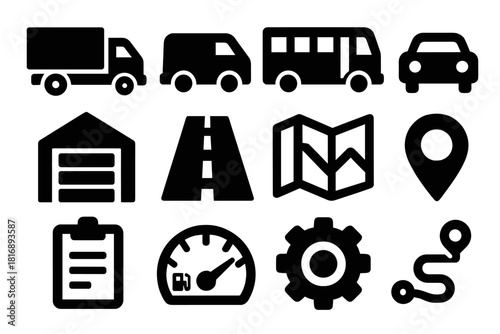 Bold Vehicle Icon Set. Vehicle Fleet silhouette icon set. delivery truck, van, bus, car, warehouse, road, map, GPS pin, clipboard, fuel gauge, gear, route line.