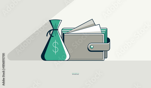 Savings and spending concept poster, wallet with money vector icon style illustration, save VS spend funds question, economize metaphor.