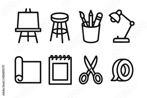 Art Studio Icons. Art Studio linear icon set: easel, stool, pencil cup, lamp, paper roll, sketchpad, scissors, tape