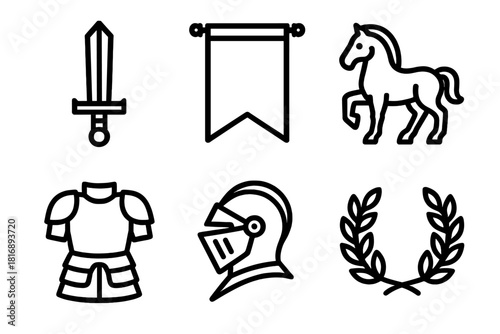 Heroic Icon Series. Heroic Sagas linear icon set: sword, banner, horse, armor, helmet, laurel wreath