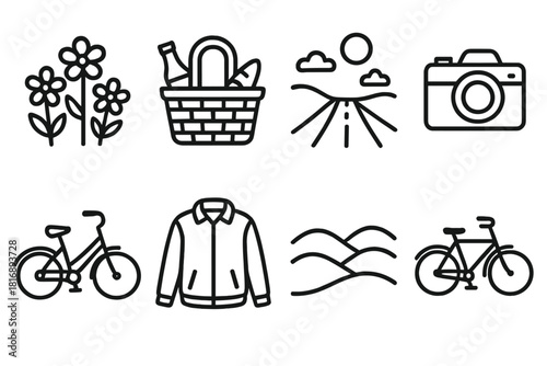 Spring Adventure Icons. Spring Escape linear icon set. blooming flowers, picnic basket, open road, pastel sky, camera, bike ride, light jacket, green hills