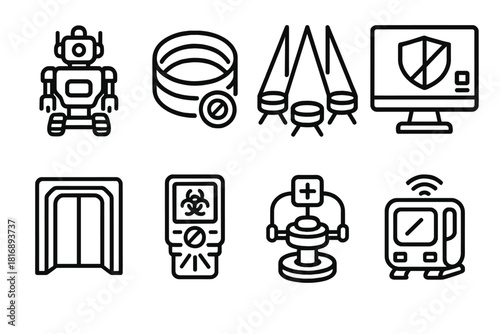 Futuristic Security Icons. Next-Gen Security Zones linear icon set: autonomous guard unit, layered defense ring, protective light field, integrity monitor, sealed corridor, hazard