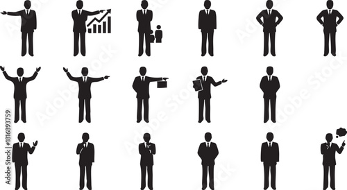 Silhouetted businessmen in various poses, showcasing diverse actions and gestures in a professional setting, ideal for business presentations