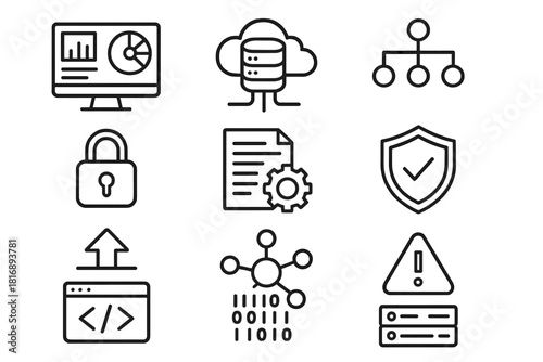 API Dashboard Icons. API Management linear icon set. control dashboard, cloud server, connection lines, secure lock, data stream, policy document, gear emblem, shield icon, upload