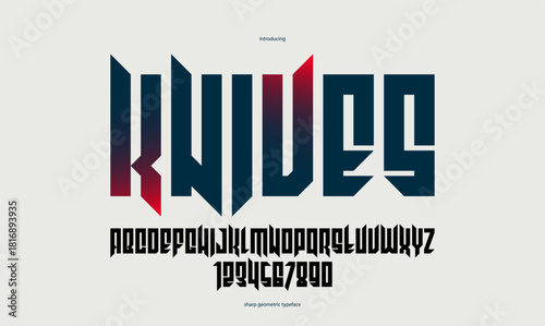 Sharp and bold gothic font for logo creation of for headlines, edgy geometric modern vector typeface, heavy metal and hard rock style alphabet with numbers.