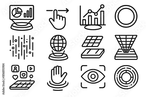 Futuristic Holographic Interface. Futuristic Controls linear icon set: holographic display, swipe gesture, virtual chart, neon circle, data stream, glowing hologram, 3D touchpad