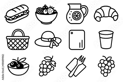 Summer Picnic Icons. Summer Picnic Basket linear icon set: baguette sandwich, berries bowl, lemonade jug, croissant, olives, grapes bunch, paper cup, wooden fork, napkin, basket