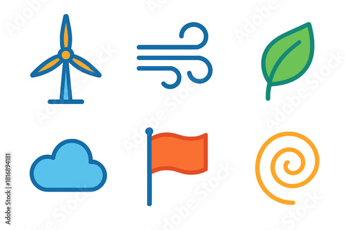 Vibrant Wind Energy Icons. Wind Energy flat icons set. Wind Turbine, Breeze, Leaf, Cloud, Flag, Spiral.