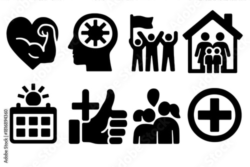 Family Wellness Icons. Family wellness planning themes silhouette icon set: healthy lifestyle, mindful routines, shared goals, connected living, balanced days, positive habits
