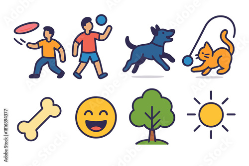 Park Playtime Icons. Playtime Moments flat icon set: frisbee, ball toss, running dog, cat toy, treat bone, laughing face, park tree, sunshine