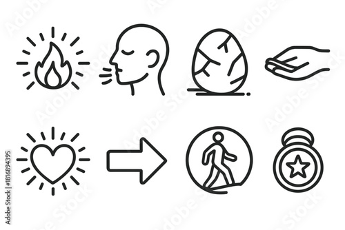 Overcoming Anxiety Icons. Overcoming Fear linear icon set: courage spark, steady breath icon, grounding stone, supportive hand, clarity beam, calm heart, step-forward arrow