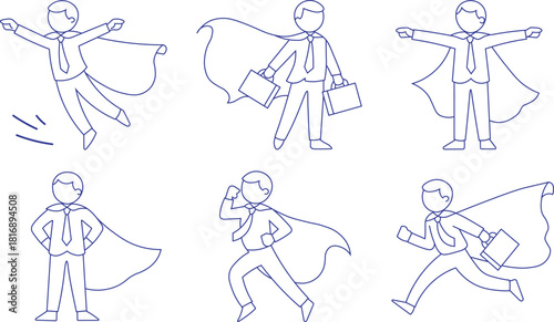 Man line icon set with a superhero business pictogram.  A flying outline figure of a superhero businessman.  Employer pictogram, victory worker.  vector representation.