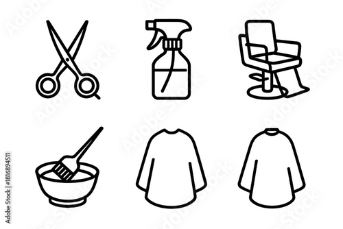 Salon Tools Icons. Salon Hair Set linear icon set: scissors, spray bottle, styling chair, dye bowl, tint brush, cape cloth