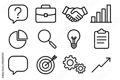 Business Icons Overview. Business Inquiry Essentials linear icon set: question mark bubble, briefcase, handshake, bar chart, pie chart, magnifying glass, lightbulb, clipboard