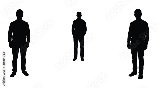 Three male silhouettes standing isolated on white isolated on white background, Vector