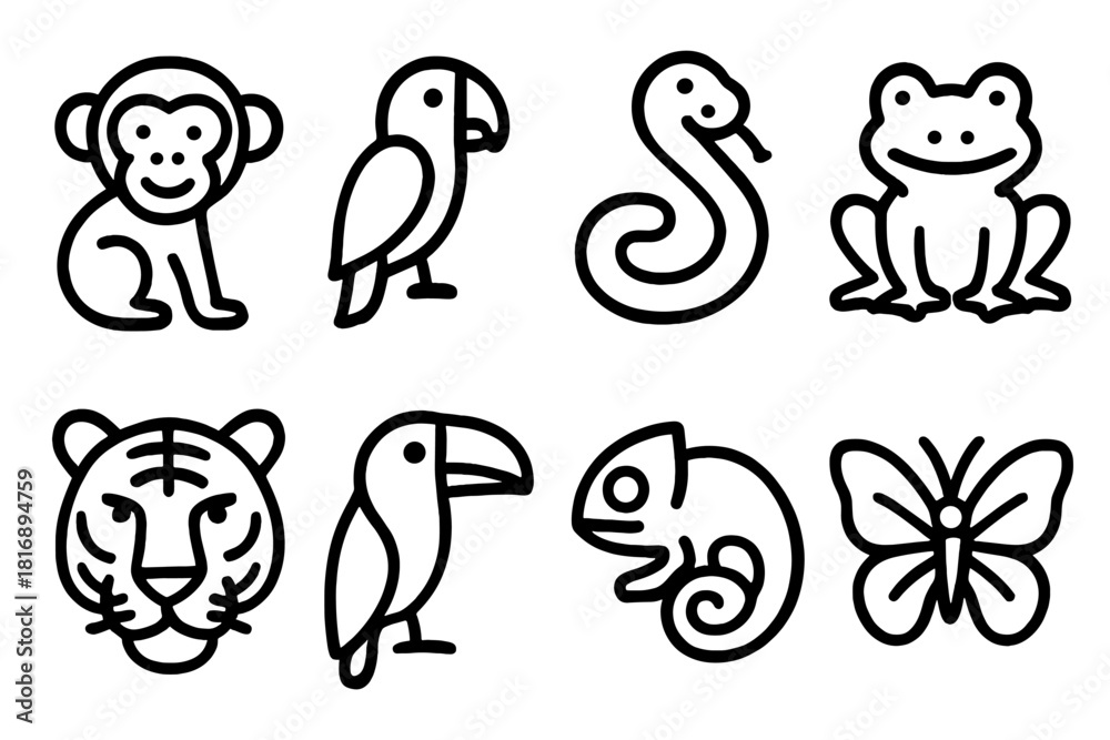 Obraz premium Jungle Animal Icons. Jungle animals linear icon set: monkey, parrot, snake, frog, tiger face, toucan, chameleon, butterfly