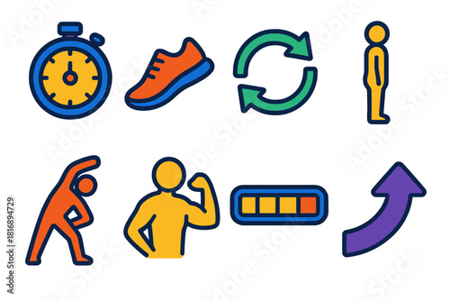 Fitness Icon Set. Physical Discipline flat icon set: training timer, running shoe, repetition loop, posture line, strength icon, warm-up stretch, stamina bar, progress arrow