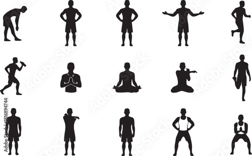 Silhouette collection of people doing different exercises set of sport activity, yoga, fitness, running, workout, training and healthy lifestyle