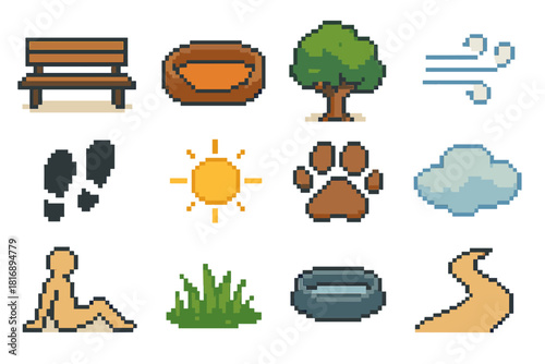 Casual Outdoor Icons. Casual Outdoor Time pixel style icon set: shaded bench, pet bed, park tree, gentle breeze, walking steps, calm sun, sniffing paw, soft cloud, relaxed figure