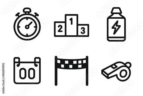 Racing Icons Collection. Racing & Training linear icon set. stopwatch, podium, energy gel, number tag, finish line, coach whistle