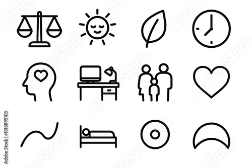 Life Balance Icons. Life Balance Elements Set linear icon set: balanced scale, calm sun, wellness leaf, time clock, self-care icon, work desk, family silhouette, gentle heart