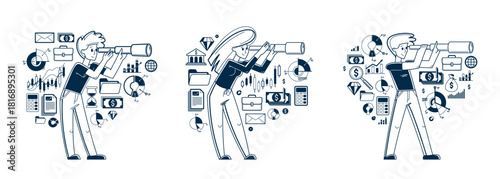 Business person collecting data for analysis and searching for opportunities looking in spyglass telescope vector outline illustration set, entrepreneur analyzes financial chats.