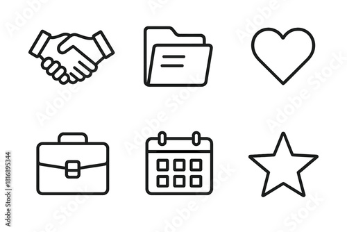 Business Icon Set. Client counteroffer linear icon set. handshake, document folder, heart, briefcase, calendar, star.