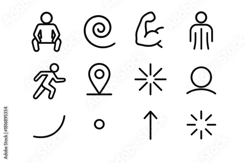 Strength & Resilience Icons. Physical Strength & Resilience Set linear icon set: grounded body, steady breath swirl, muscle shape, posture beam, movement arc, recovery marker